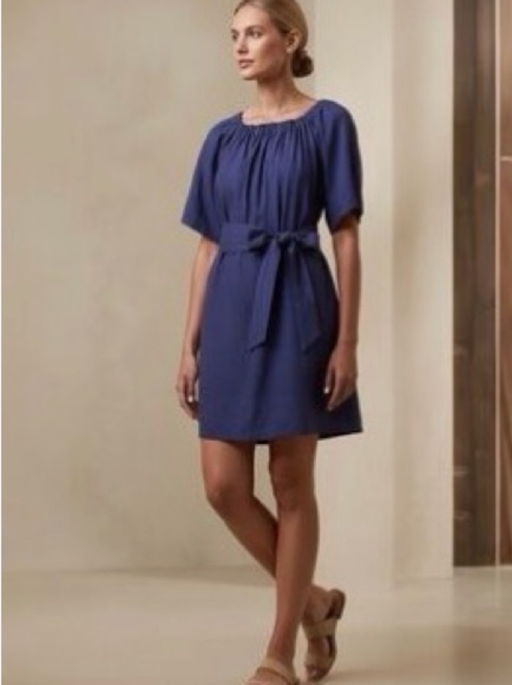 NTW Banana Republic Linen Blend Mini Dress Navy Off-Shoulder Belted Dress